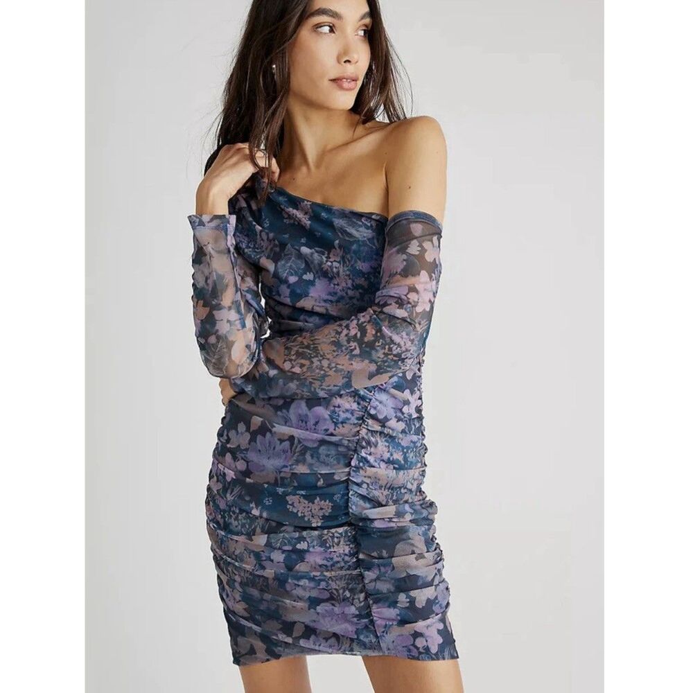 Free People Navy and Lavender Floral Off-Shoulder Mini Dress